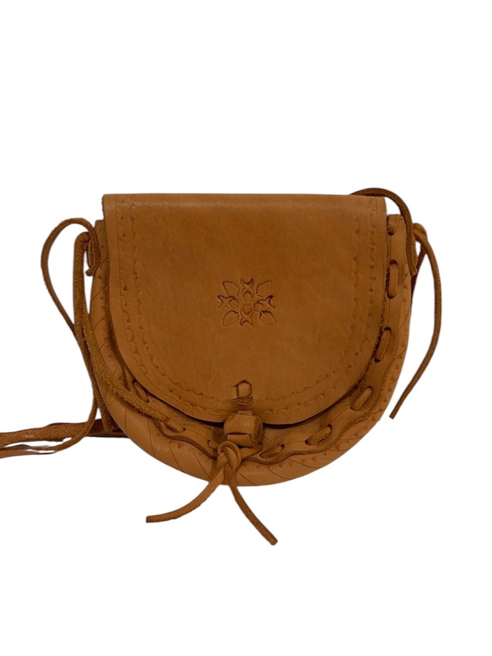 vintage-Style Hand Tooled Leather Boho Crossbody Bag Light Brown